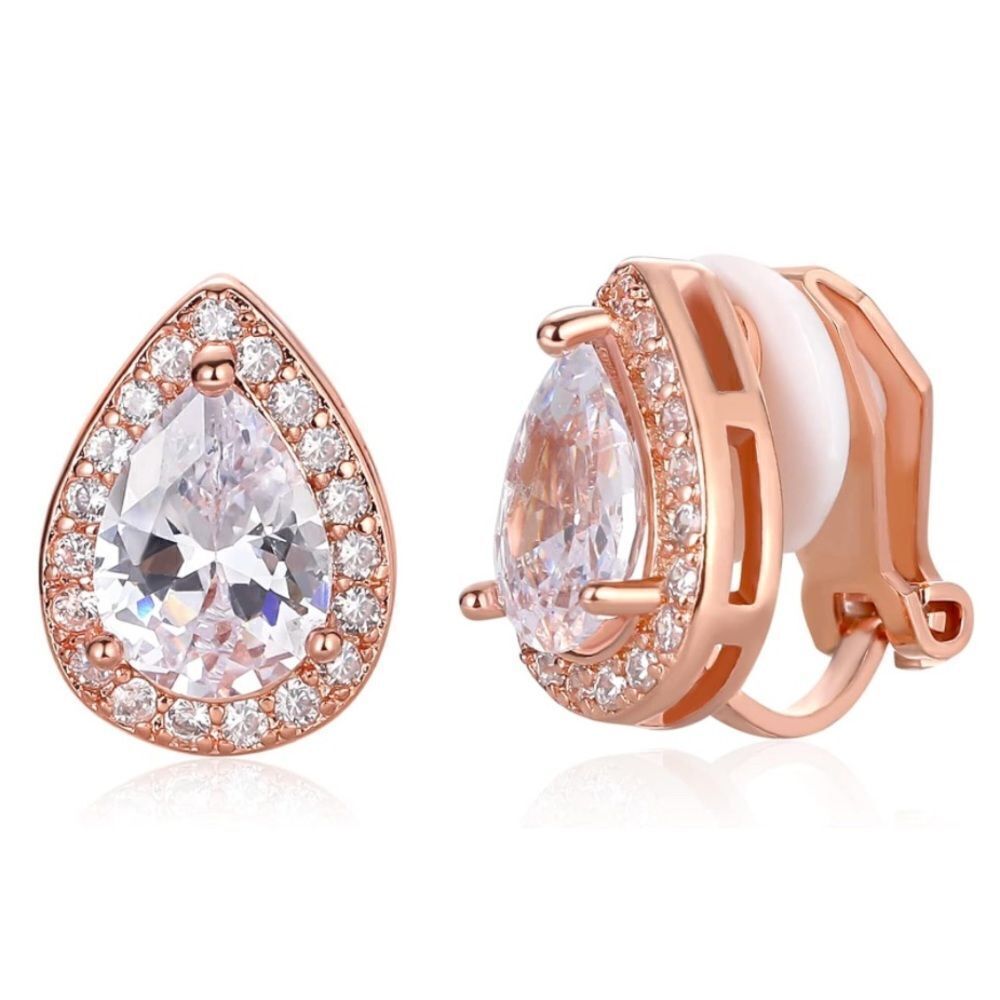Rose Gold with White Diamond Cubic Zirconia Teardrop Stud Clip On Earrings